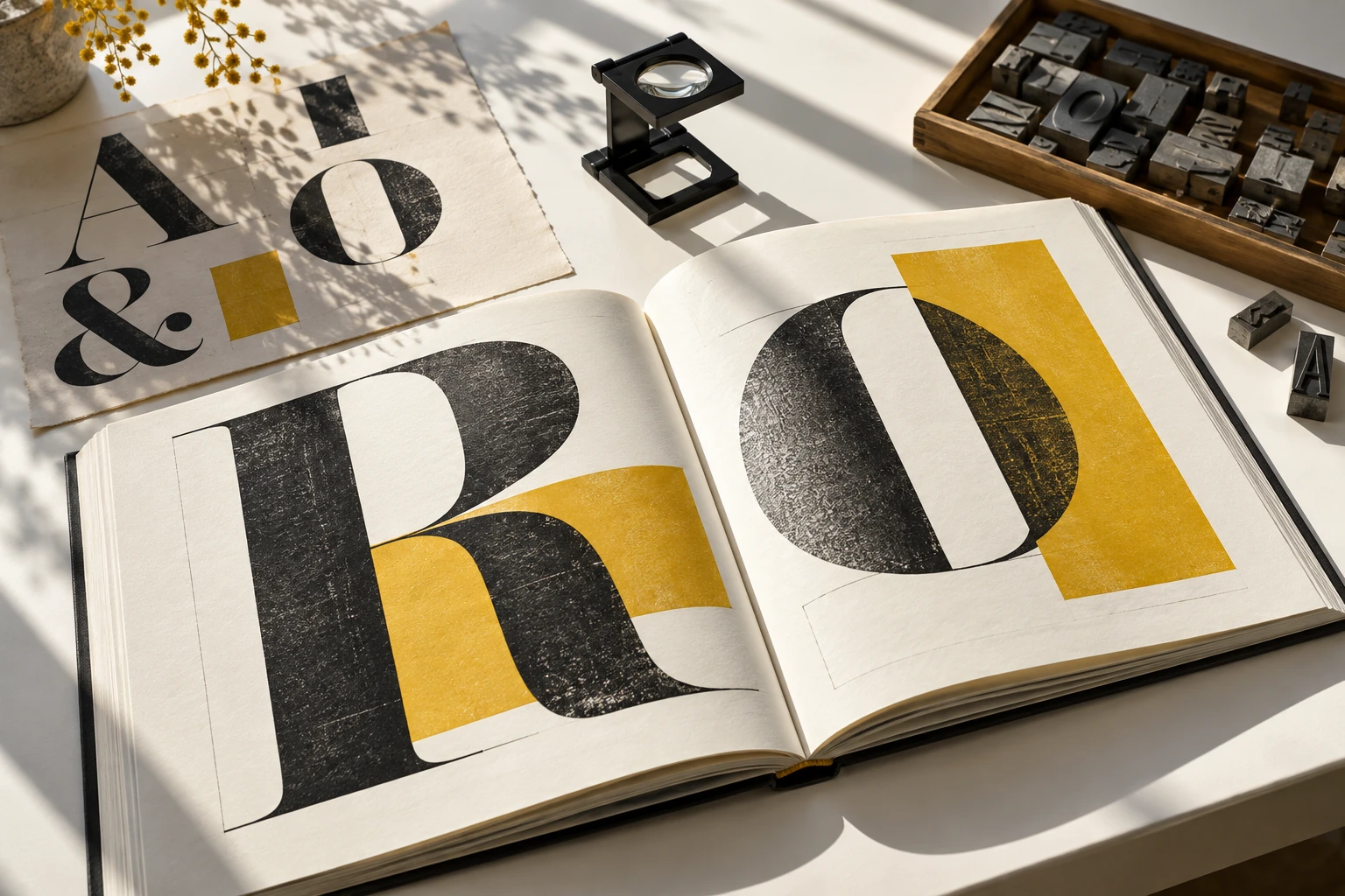 An original editorial still life of type and print materials