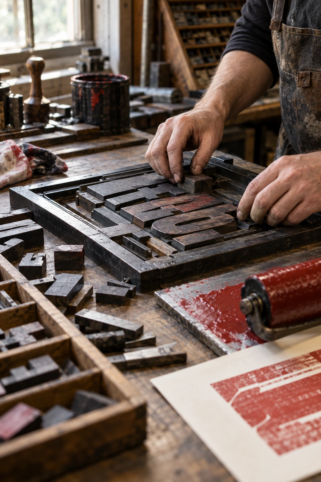 Hands composing metal letterpress type on a workshop bench