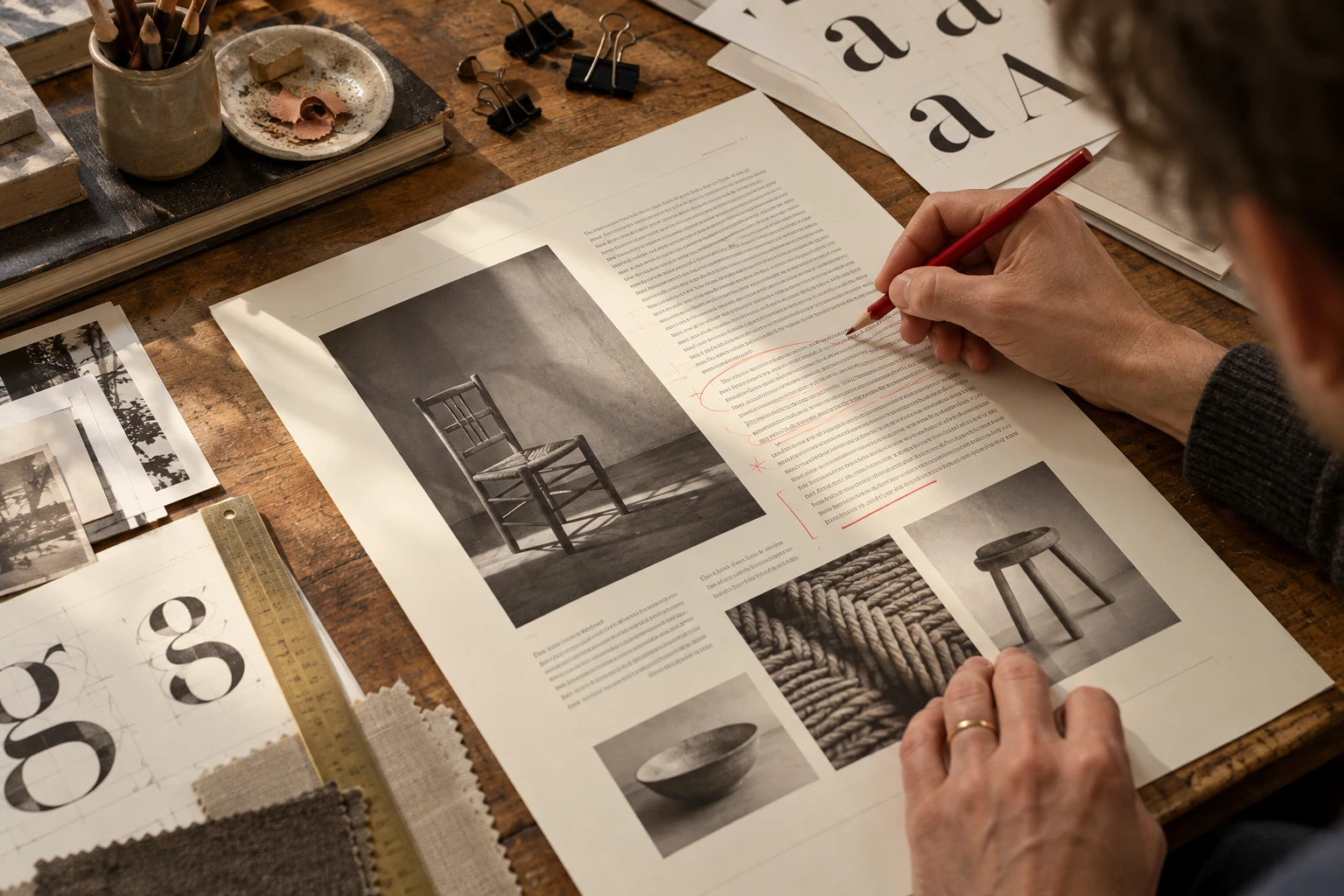 Editor marking a printed page with a red pencil