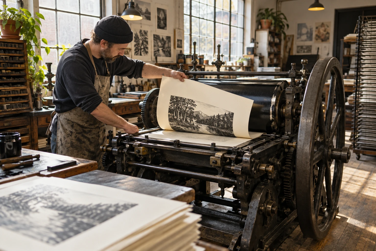 Printer working at a cylinder proofing press