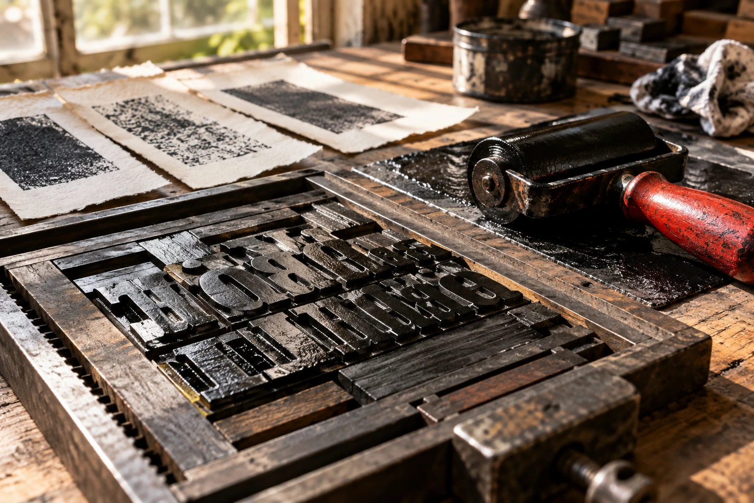 Close view of letterpress ink and metal type