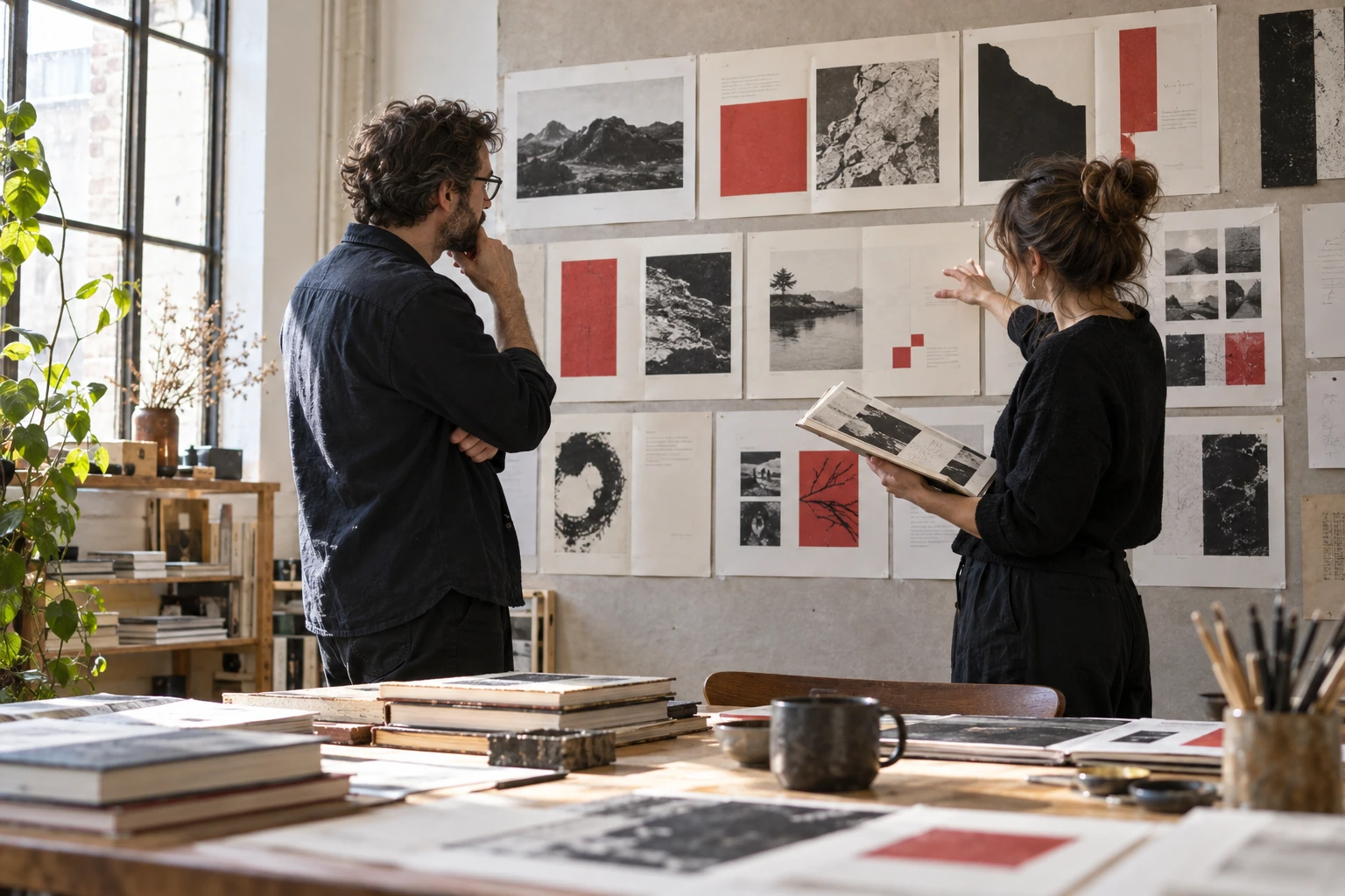 Two book designers discussing editorial spreads on a wall