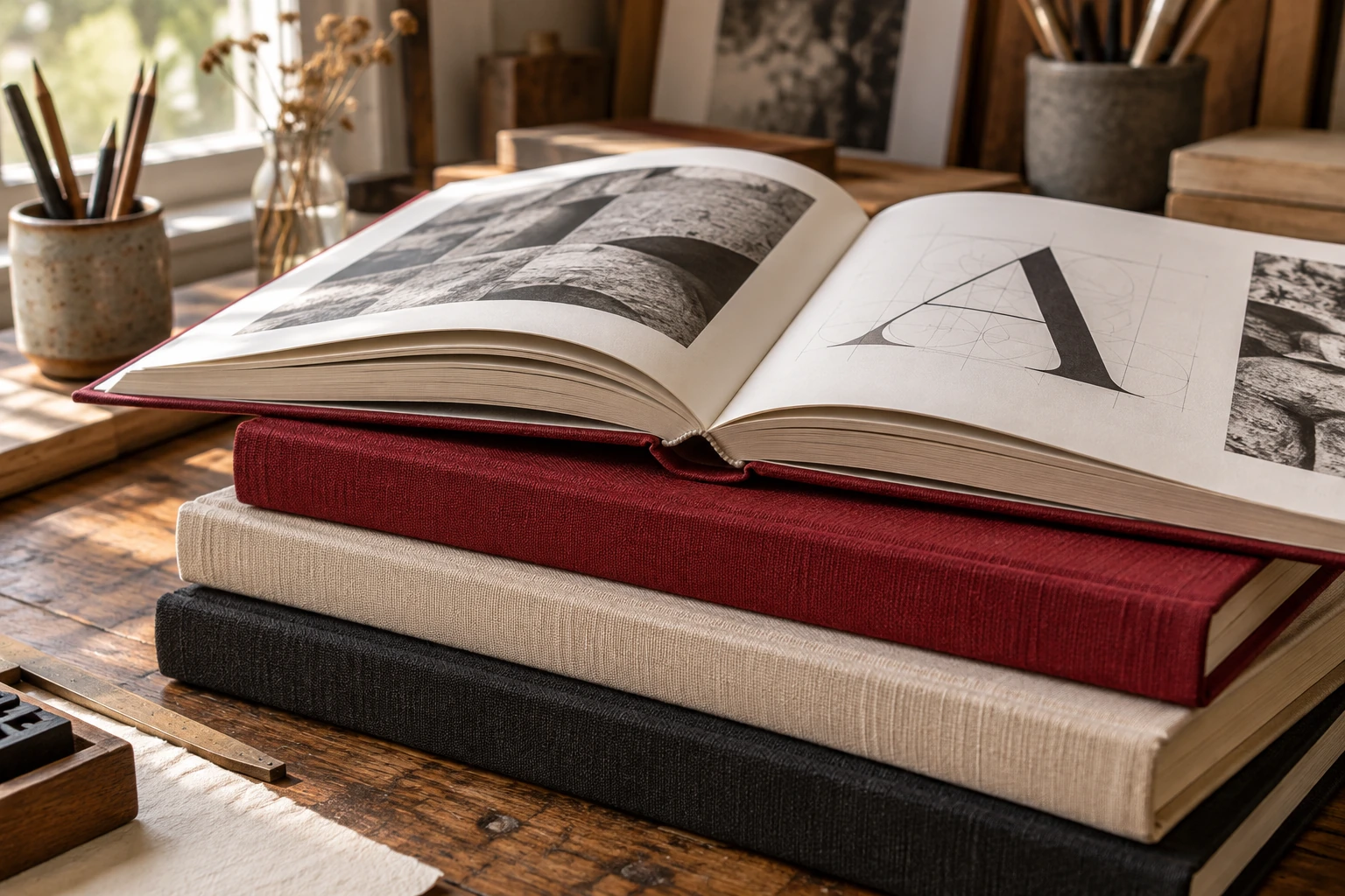 Stacked cloth-bound books with an open typographic spread