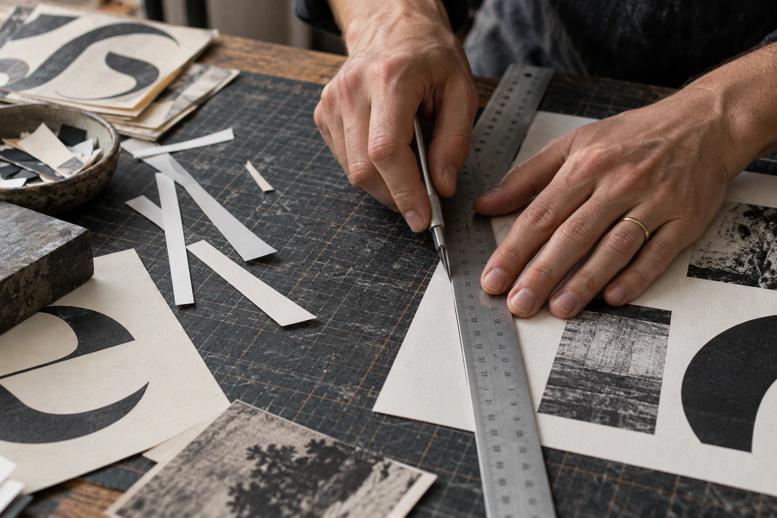 Hands trimming a printed sheet with a ruler